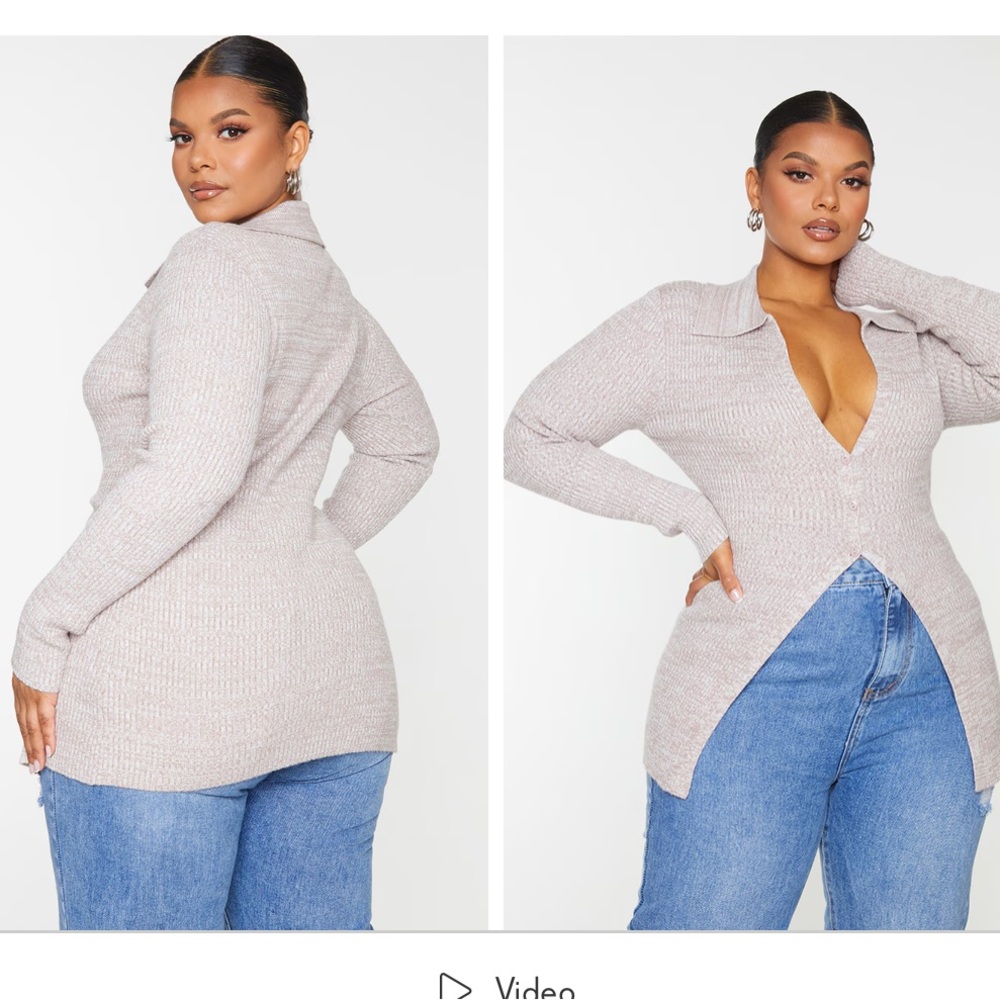 Prettylittlething Taupe Rib Knit Long Marl Collared Cardigan Size Large